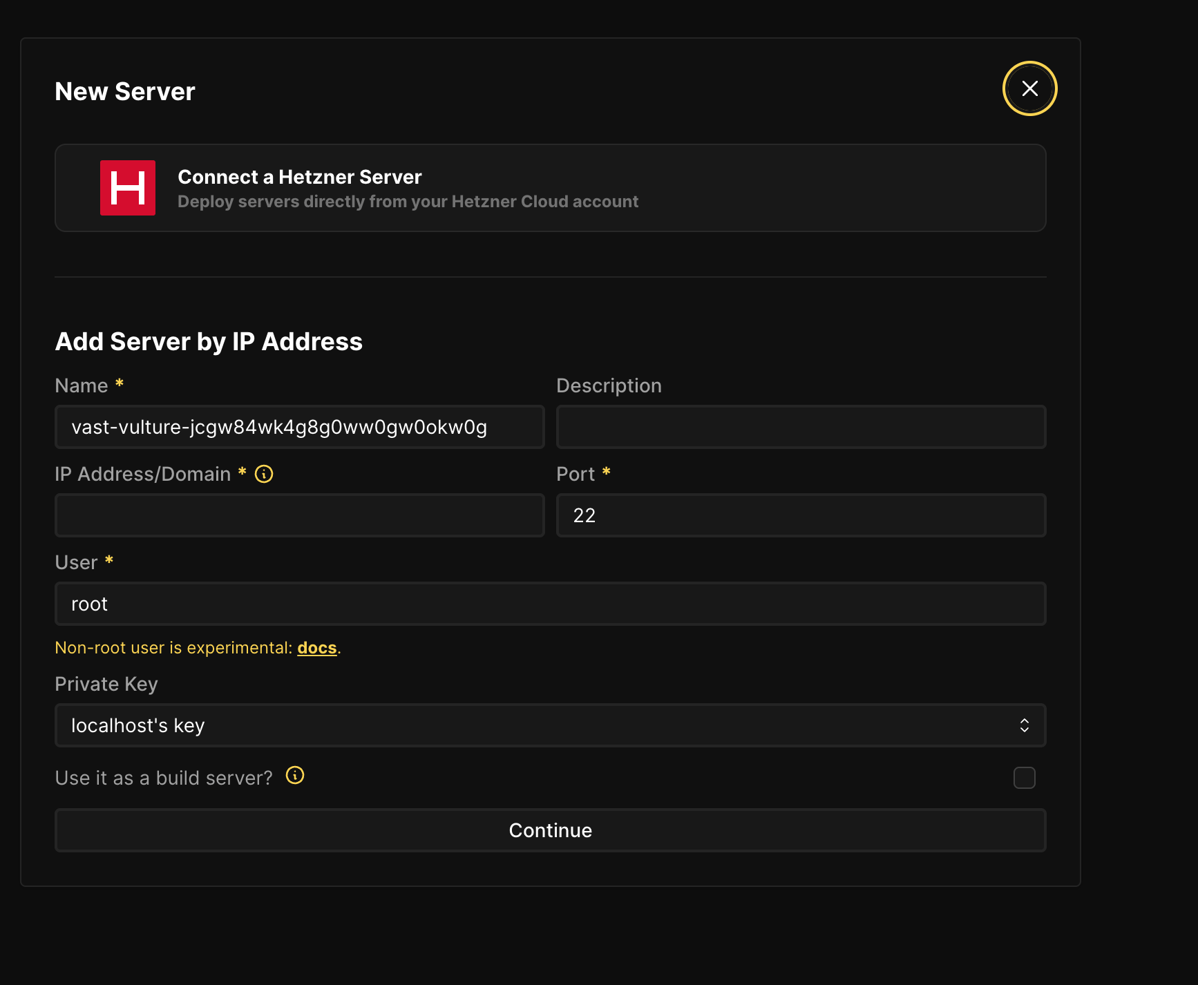 Aprovisionamiento de servidores Hetzner con un solo clic integrado en Coolify Diálogo de nuevo servidor de Coolify que muestra la opción de integración con Hetzner