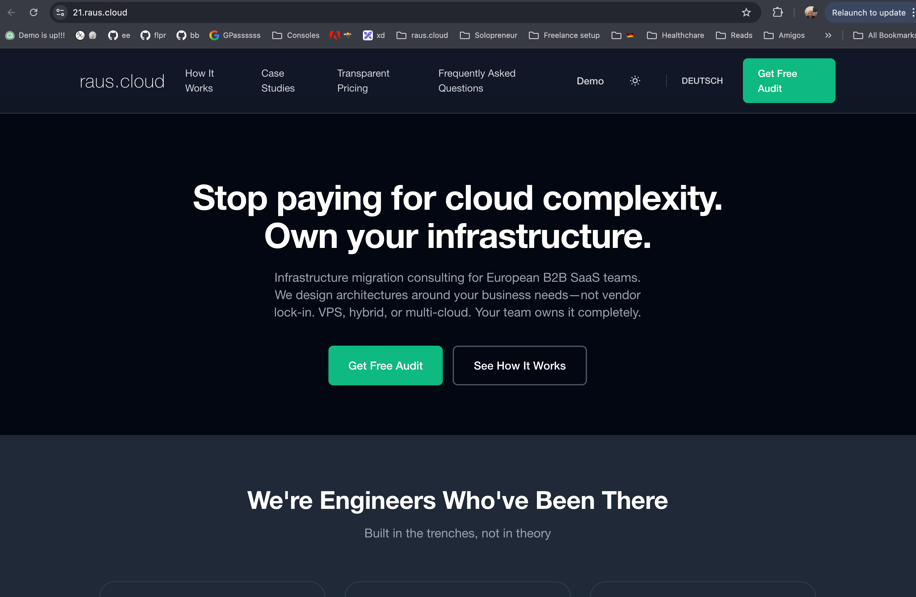 Previsualización del PR #21 en 21.raus.cloud — en vivo en 39 segundos Previsualización del PR 21 que muestra la página de aterrizaje de raus.cloud en vivo