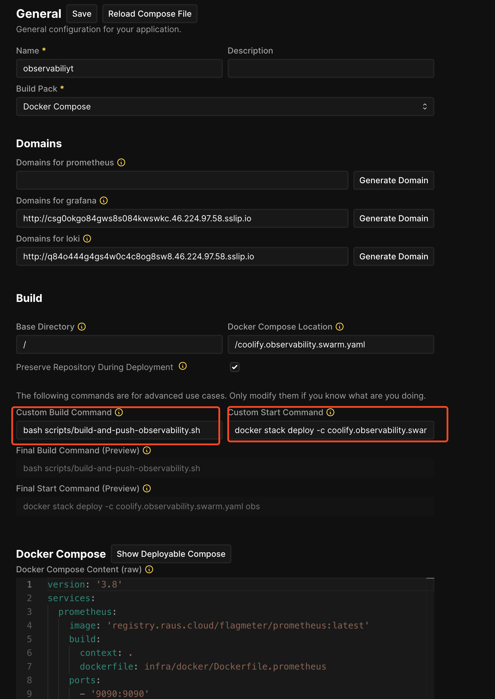 El comando de construcción personalizado ejecuta nuestro script, el comando de inicio personalizado ejecuta docker stack deploy Comandos personalizados de construcción e inicio de Coolify para despliegue en Swarm